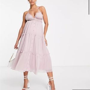 ASOS DESIGN Maternity button up tiered midi dress with lace trim detail